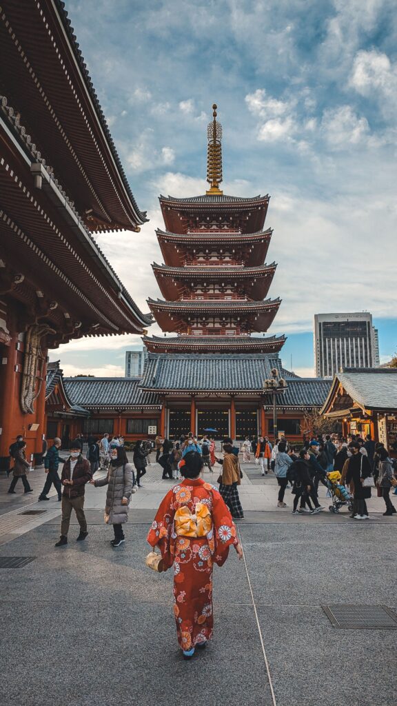 Featuring the iconic Sensō-ji Temple in Tokyo with visitors in traditional attire, offering a glimpse into Japanese culture.
